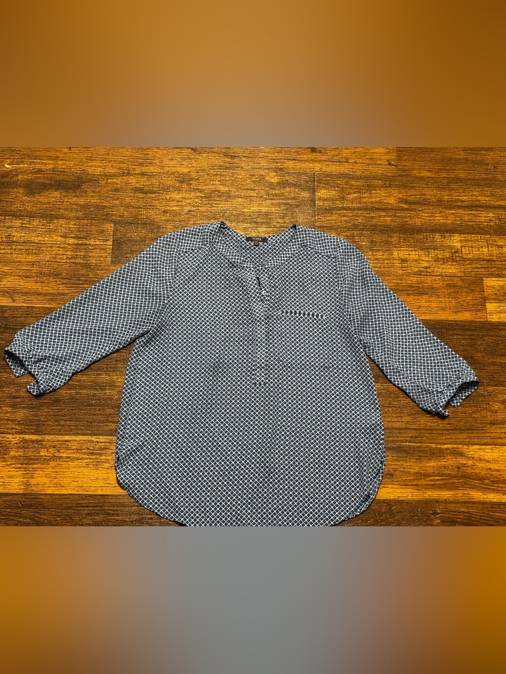 NYDJ Navy and White Geometric Button Placket Shirt